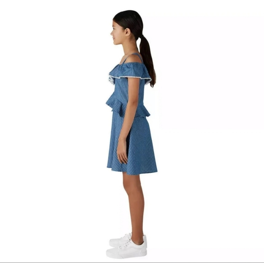 New BCBG Girls Blue Stripe Ruffle Sleeveless Jeans Dress